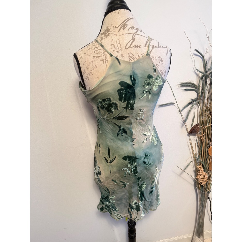 Y2K Mannequines USA Silk Velvet Burnout Floral‎ Mini Dress Green V509S Womens 6 - Picture 2 of 9